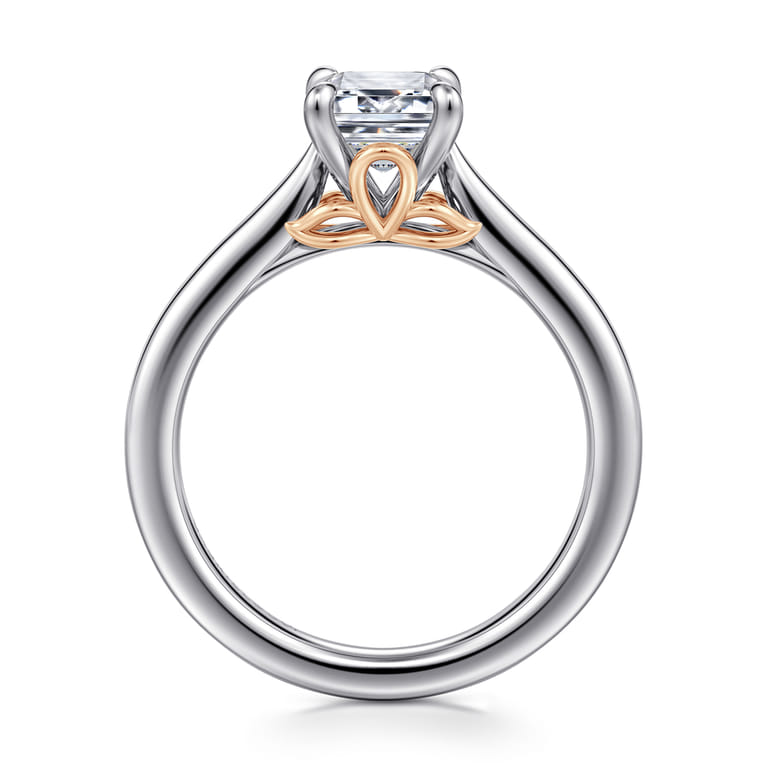 Nelia - 14K White-Rose Gold Emerald Cut Lotus Diamond Engagement Ring - Shot 2