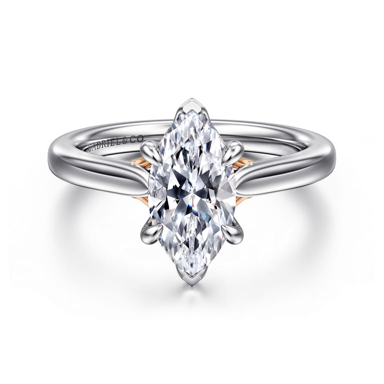 Nelia - 14K White-Rose Gold Marquise Shape Lotus Diamond Engagement Ring - Shot 1