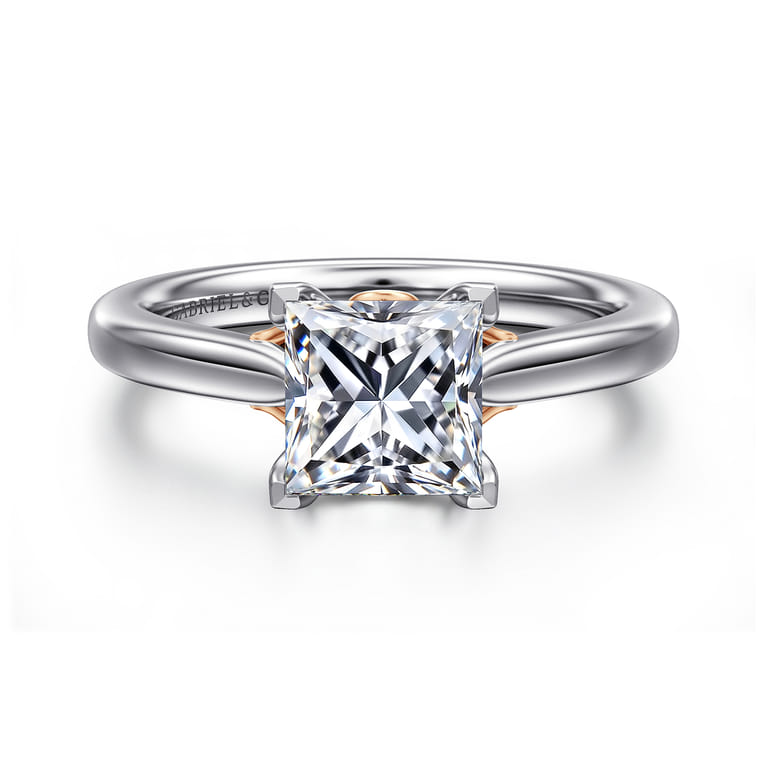 Nelia - 14K White-Rose Gold Princess Cut Lotus Diamond Engagement Ring - Shot 1