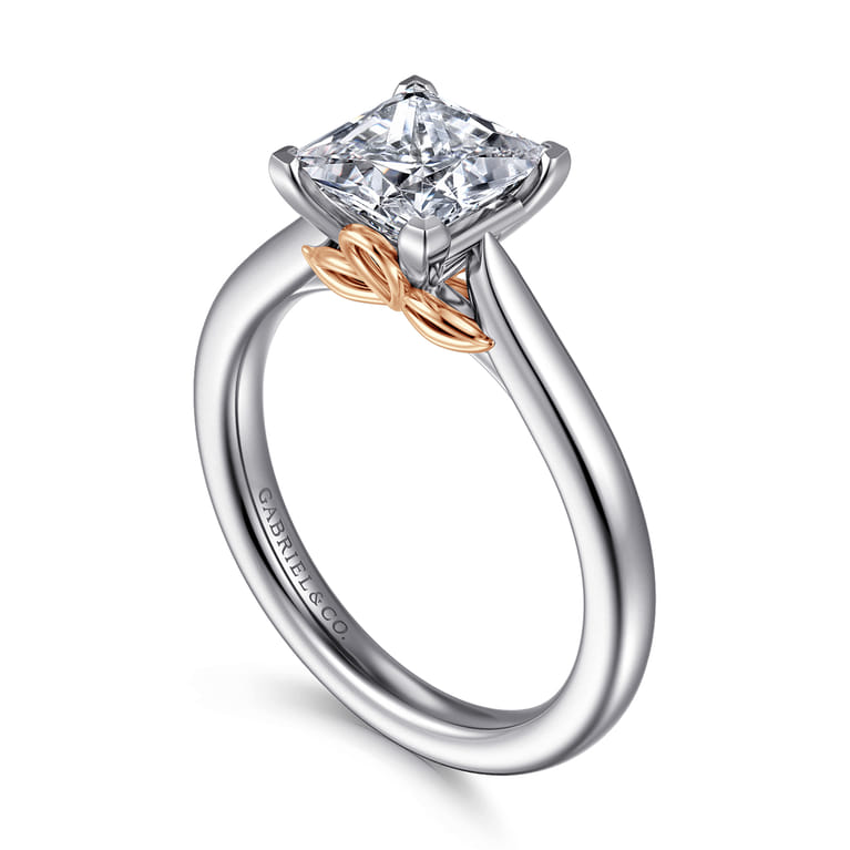 Nelia - 14K White-Rose Gold Princess Cut Lotus Diamond Engagement Ring - Shot 3