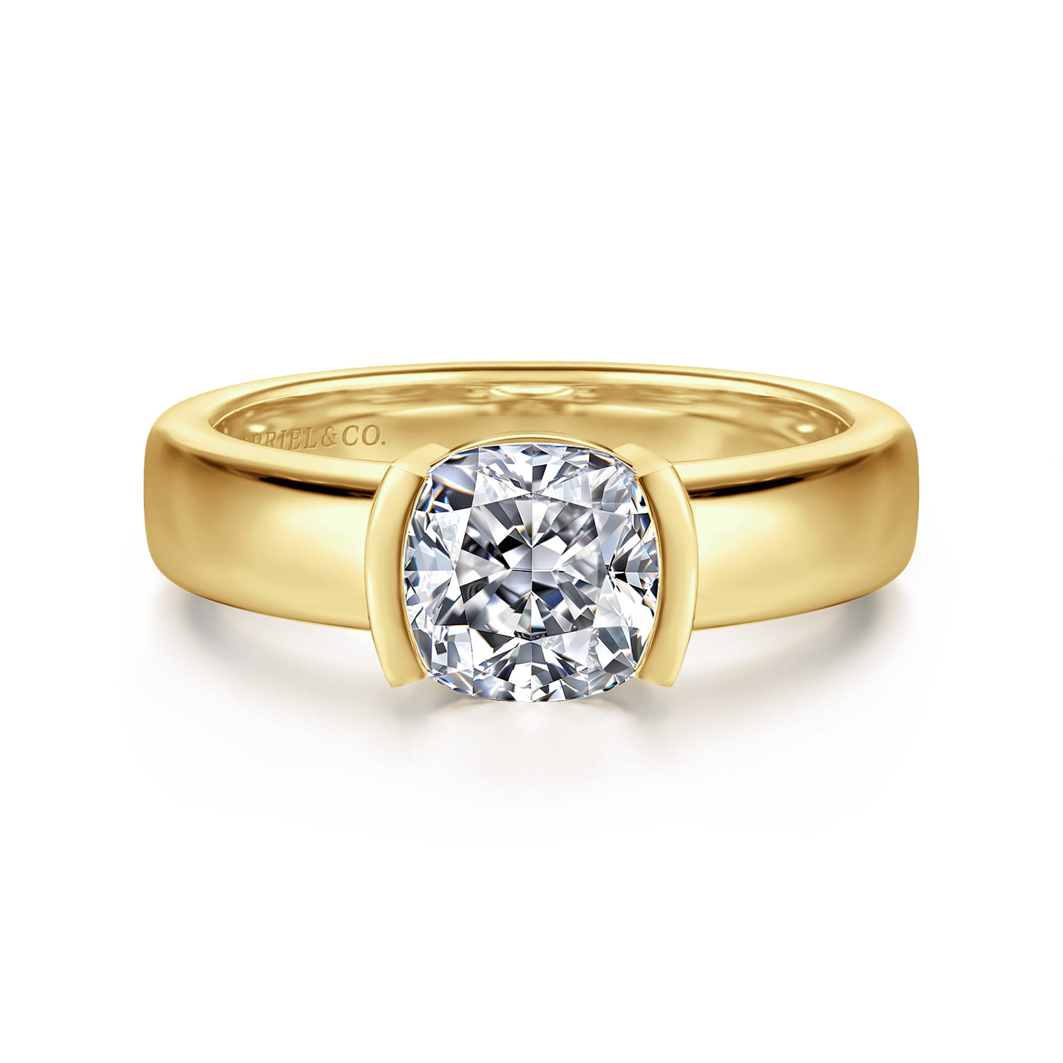 Bara - 14K Yellow Gold Half Bezel East West Cushion Cut Diamond Engagement Ring - Shot 1