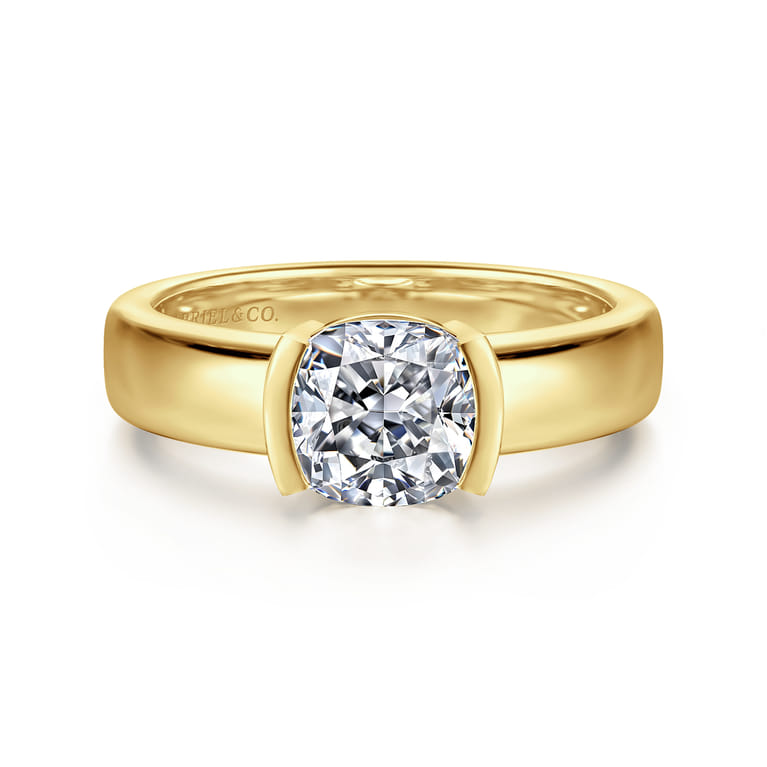 Bara - 14K Yellow Gold Half Bezel East West Cushion Cut Diamond Engagement Ring - Shot 1