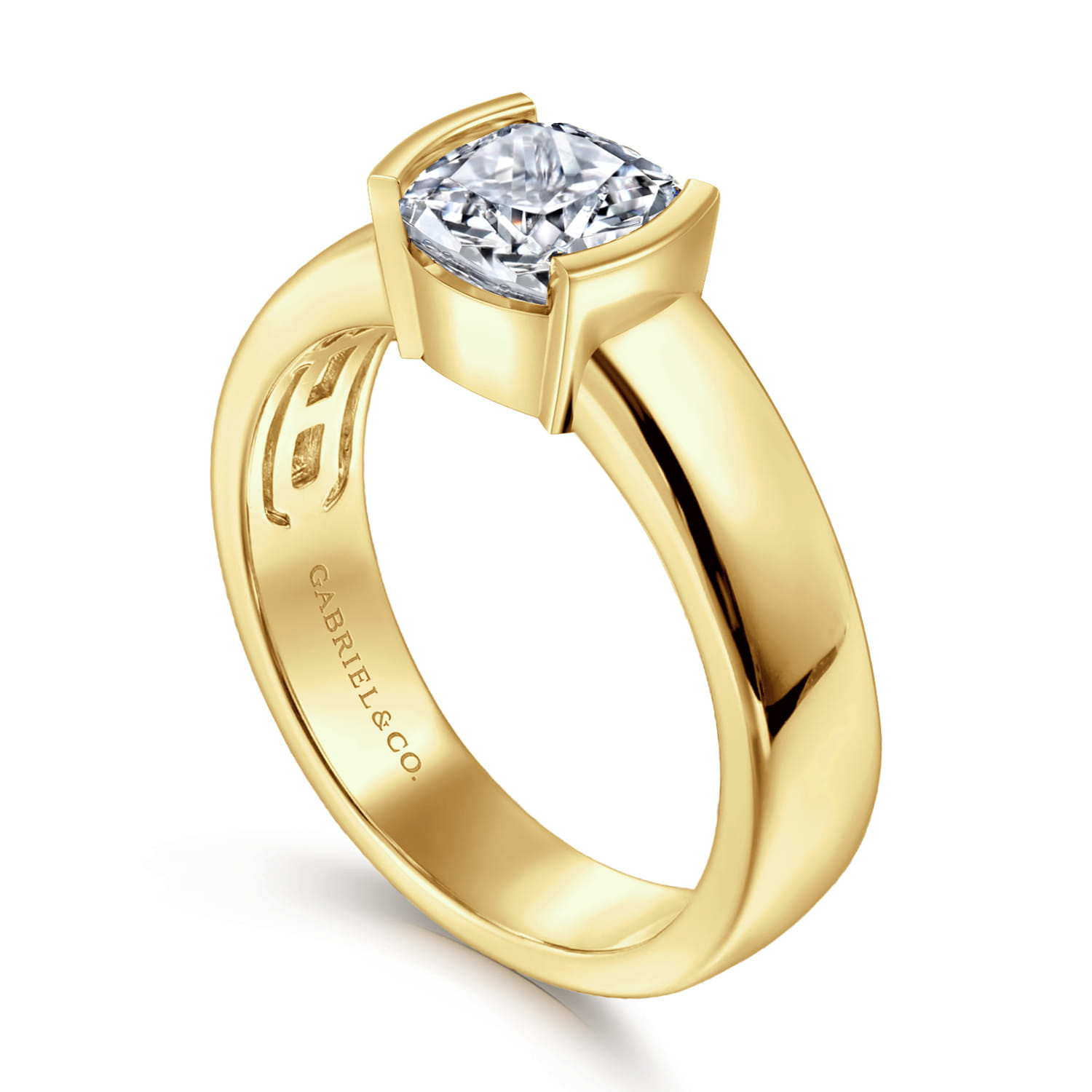 Bara - 14K Yellow Gold Half Bezel East West Cushion Cut Diamond Engagement Ring - Shot 3