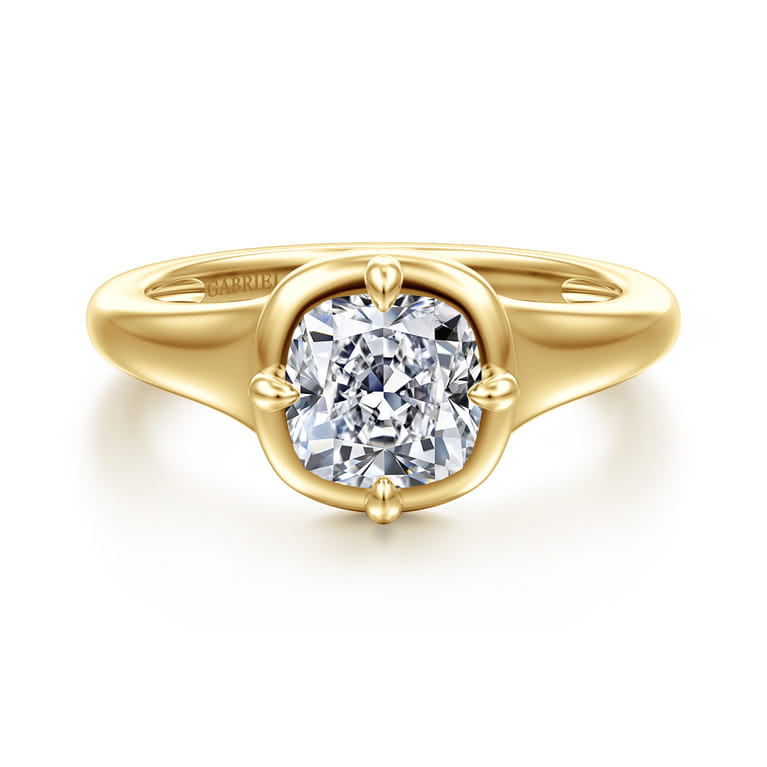 Elsa - 14K Yellow Gold Compass Bezel Prong Cushion Cut Solitaire Diamond Engagement Ring - Shot 1