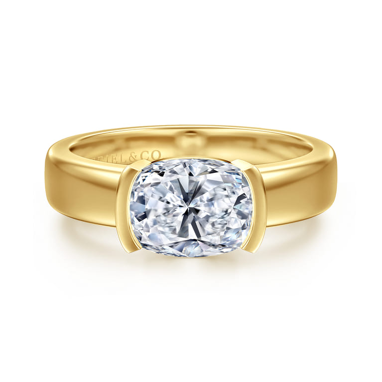 Bara - 14K Yellow Gold Half Bezel Elongated Cushion Diamond Engagement Ring - Shot 1