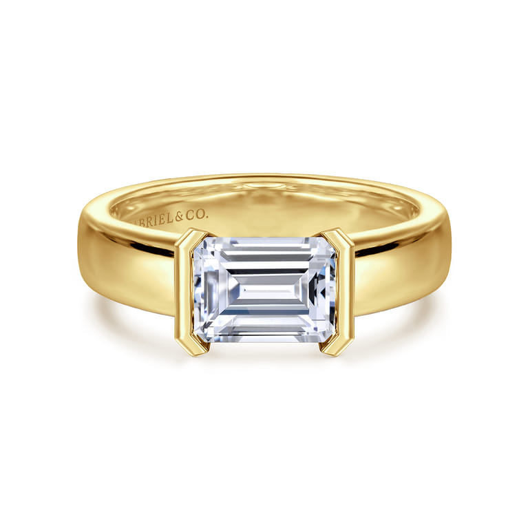 Bara - 14K Yellow Gold Half Bezel East West Emerald Cut Diamond Engagement Ring - Shot 1