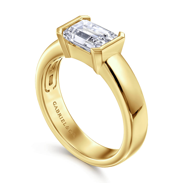 Bara - 14K Yellow Gold Half Bezel East West Emerald Cut Diamond Engagement Ring - Shot 3