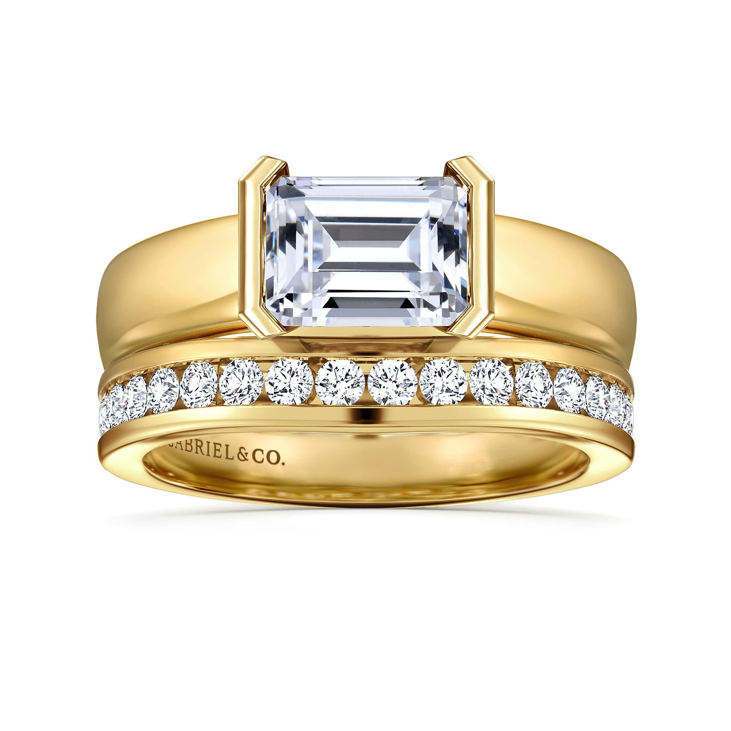 Bara - 14K Yellow Gold Half Bezel East West Emerald Cut Diamond Engagement Ring - Shot 4