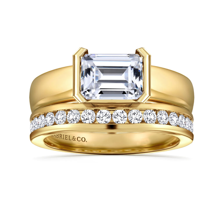 Bara - 14K Yellow Gold Half Bezel East West Emerald Cut Diamond Engagement Ring - Shot 4