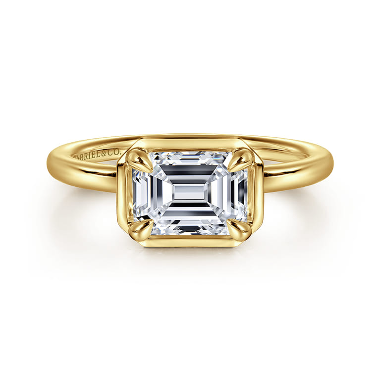 Linen - 14K Yellow Gold East West and Bezel Prong Emerald Cut Diamond Engagement Ring - Shot 1