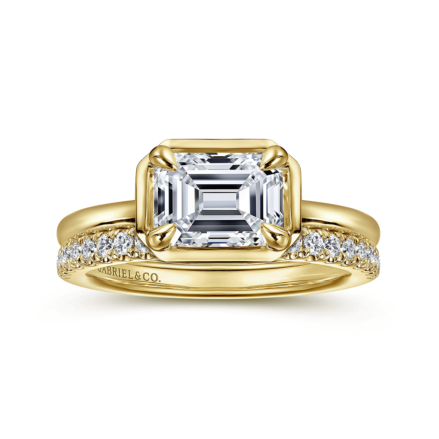 Linen - 14K Yellow Gold East West and Bezel Prong Emerald Cut Diamond Engagement Ring - Shot 4