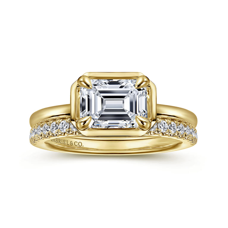Linen - 14K Yellow Gold East West and Bezel Prong Emerald Cut Diamond Engagement Ring - Shot 4