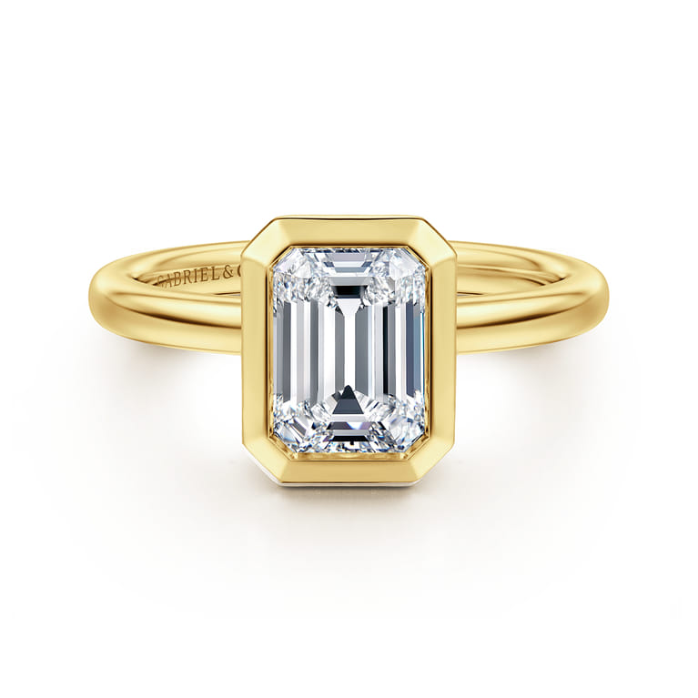 Linny - 14K Yellow Gold Emerald Cut Bezel Set Diamond Engagement Ring - Shot 1