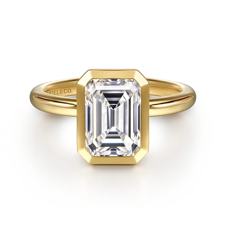 Linny - 14K Yellow Gold Emerald Cut Bezel Set Diamond Engagement Ring - Shot 1