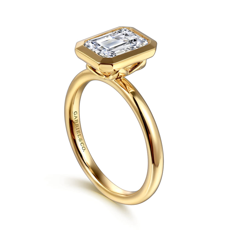 Linny - 14K Yellow Gold Emerald Cut Bezel Set Diamond Engagement Ring - Shot 3