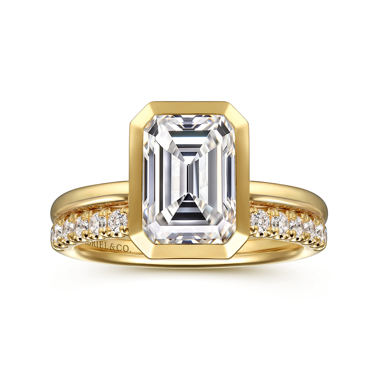 Linny - 14K Yellow Gold Emerald Cut Bezel Set Diamond Engagement Ring - Shot 4