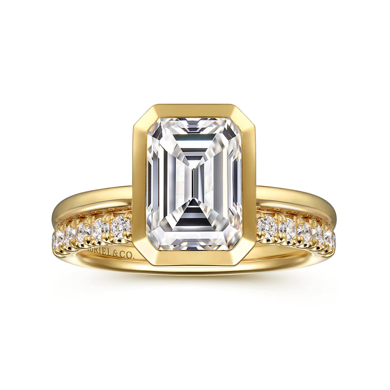Linny - 14K Yellow Gold Emerald Cut Bezel Set Diamond Engagement Ring - Shot 4