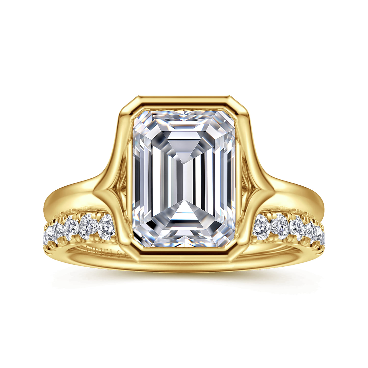 Agnes - 14K Yellow Gold Bezel Set Emerald Cut Solitaire Diamond Engagement Ring - Shot 4