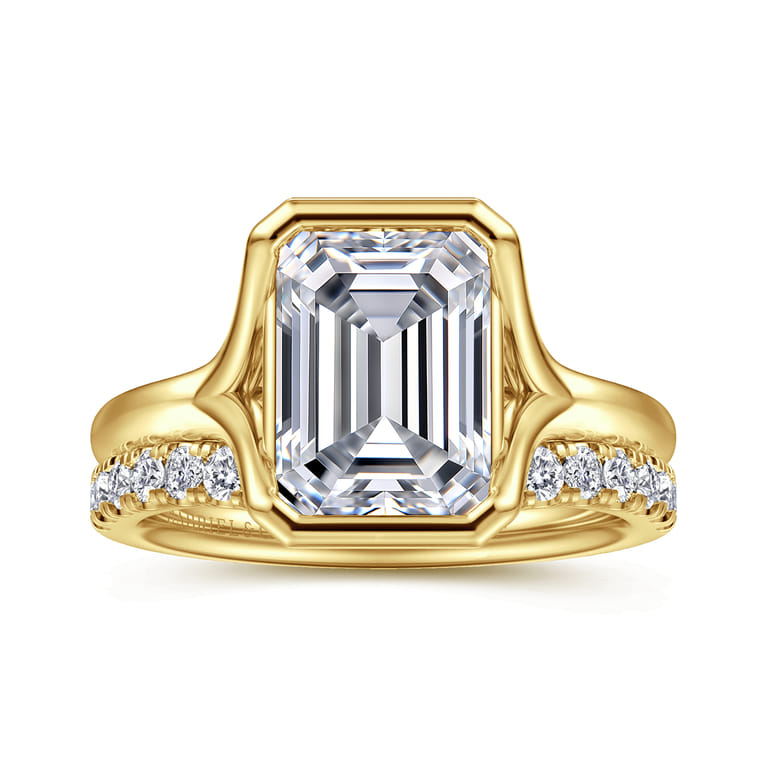 Agnes - 14K Yellow Gold Bezel Set Emerald Cut Solitaire Diamond Engagement Ring - Shot 4