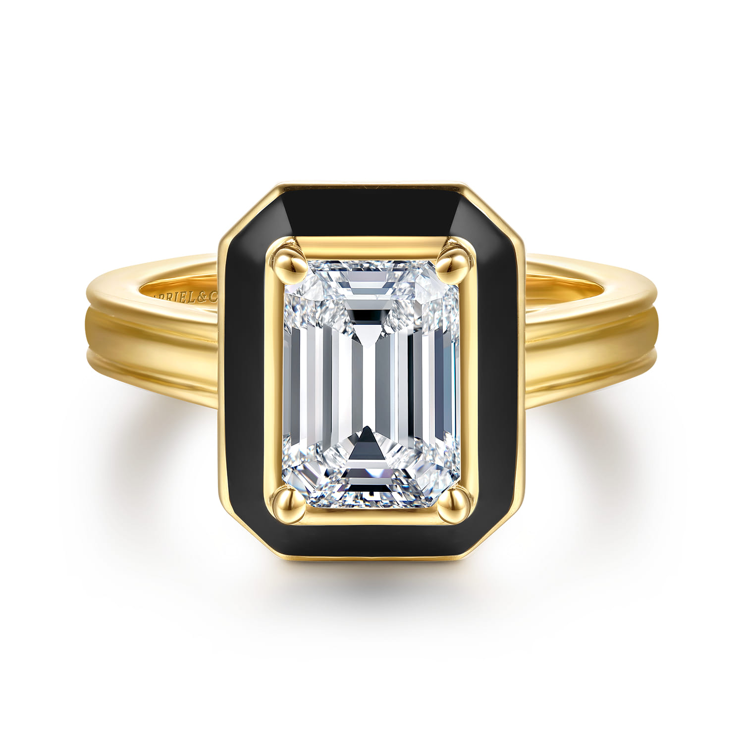 Lara - 14K Yellow Gold Bezel Prong Black Enamel Emerald Cut Solitaire Diamond Engagement Ring - Shot 1