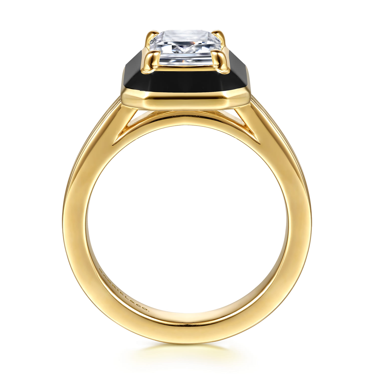 Lara - 14K Yellow Gold Bezel Prong Black Enamel Emerald Cut Solitaire Diamond Engagement Ring - Shot 2