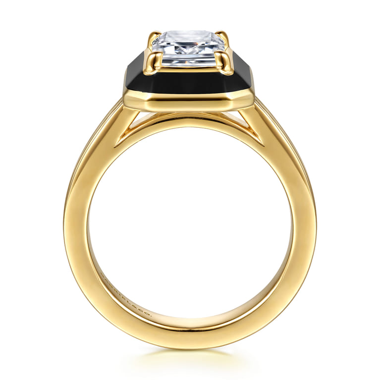 Lara - 14K Yellow Gold Bezel Prong Black Enamel Emerald Cut Solitaire Diamond Engagement Ring - Shot 2