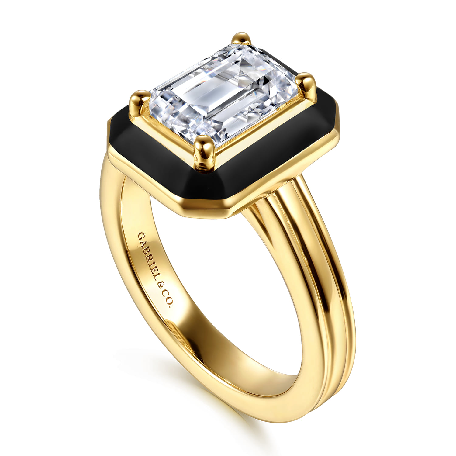 Lara - 14K Yellow Gold Bezel Prong Black Enamel Emerald Cut Solitaire Diamond Engagement Ring - Shot 3