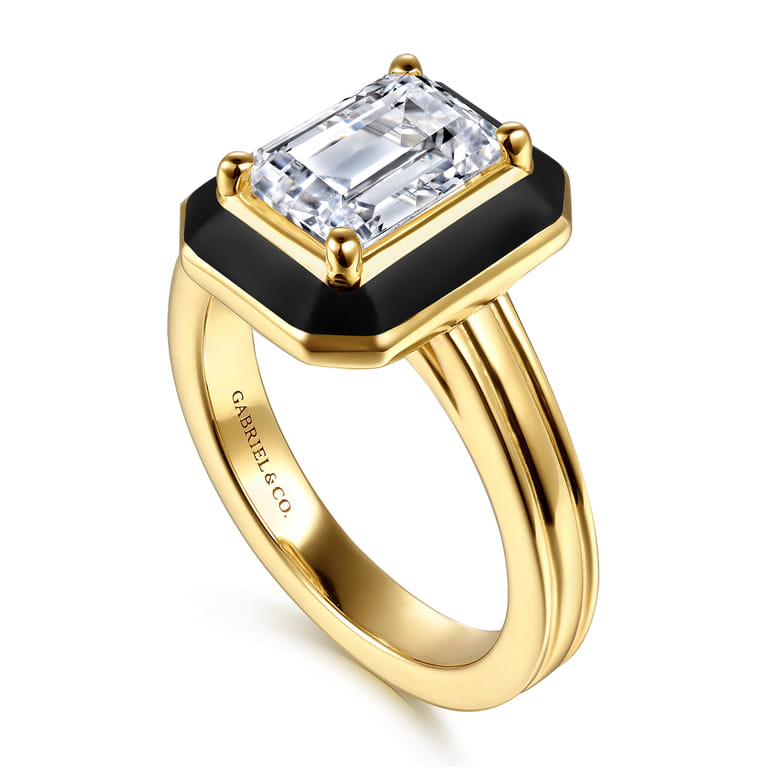 Lara - 14K Yellow Gold Bezel Prong Black Enamel Emerald Cut Solitaire Diamond Engagement Ring - Shot 3