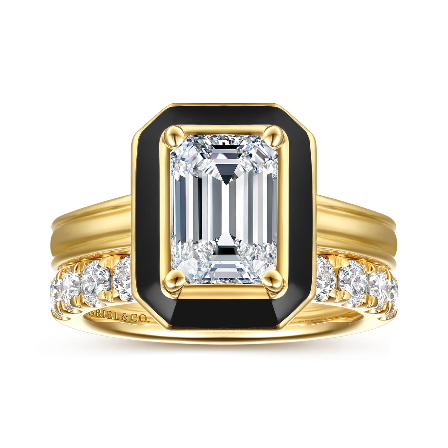 Lara - 14K Yellow Gold Bezel Prong Black Enamel Emerald Cut Solitaire Diamond Engagement Ring - Shot 4