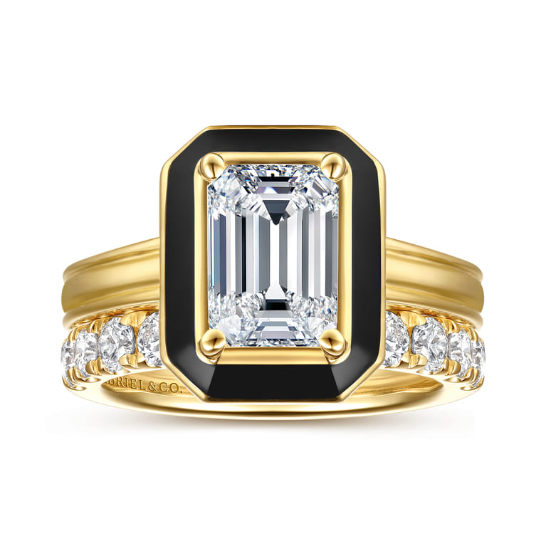 Lara - 14K Yellow Gold Bezel Prong Black Enamel Emerald Cut Solitaire Diamond Engagement Ring - Shot 4