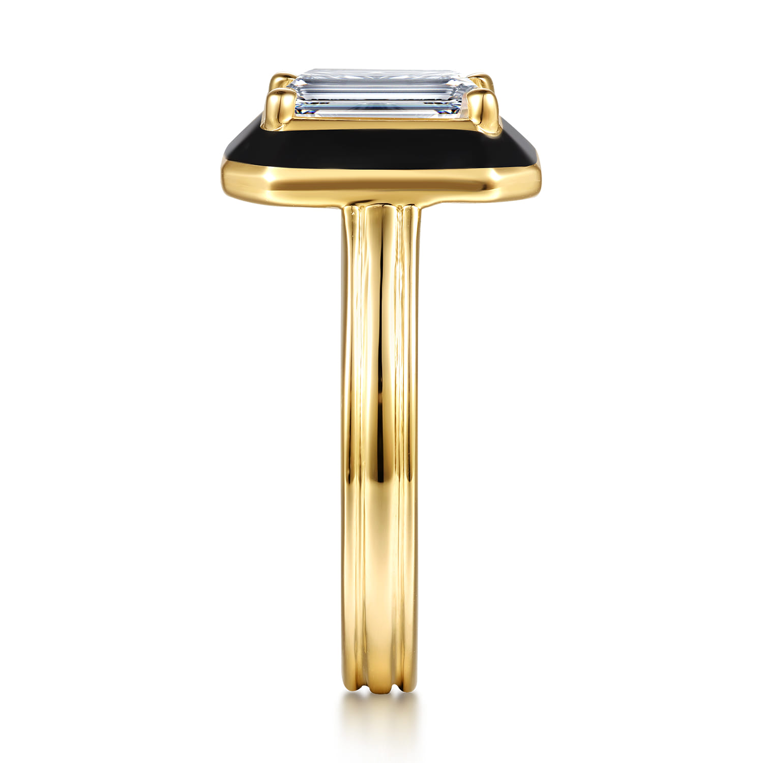 Lara - 14K Yellow Gold Bezel Prong Black Enamel Emerald Cut Solitaire Diamond Engagement Ring - Shot 5