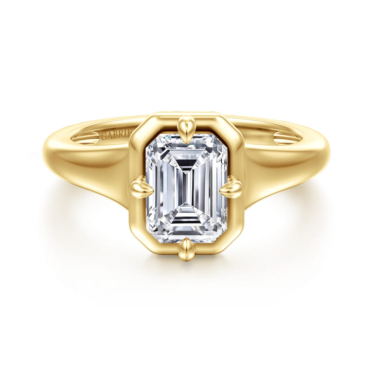 Elsa - 14K Yellow Gold Compass Bezel Prong Emerald Cut Solitaire Diamond Engagement Ring - Shot 1