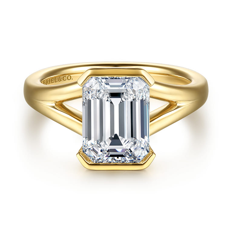 Giocanda - 14K Yellow Gold Split Shank Half Bezel Emerald Cut Diamond Engagement Ring - Shot 1