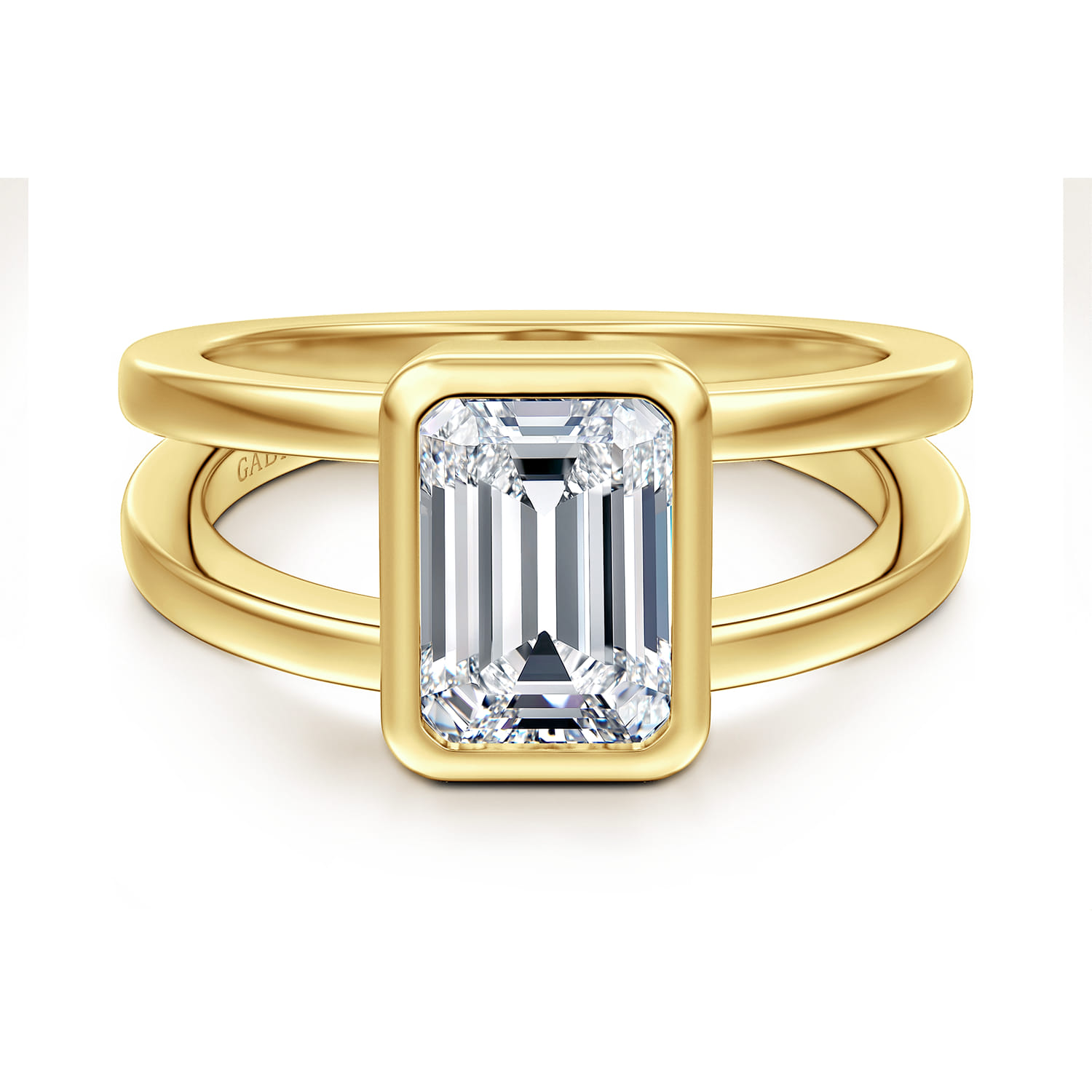 Sami - 14K Yellow Gold Emerald Cut Split Shank Bezel Solitaire Diamond Engagement Ring - Shot 1