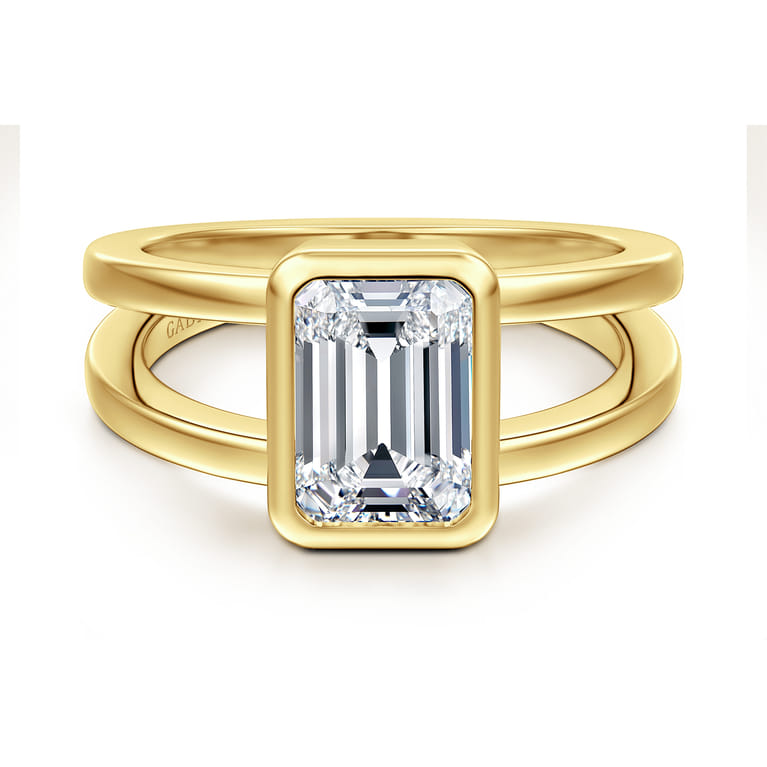 Sami - 14K Yellow Gold Emerald Cut Split Shank Bezel Solitaire Diamond Engagement Ring - Shot 1