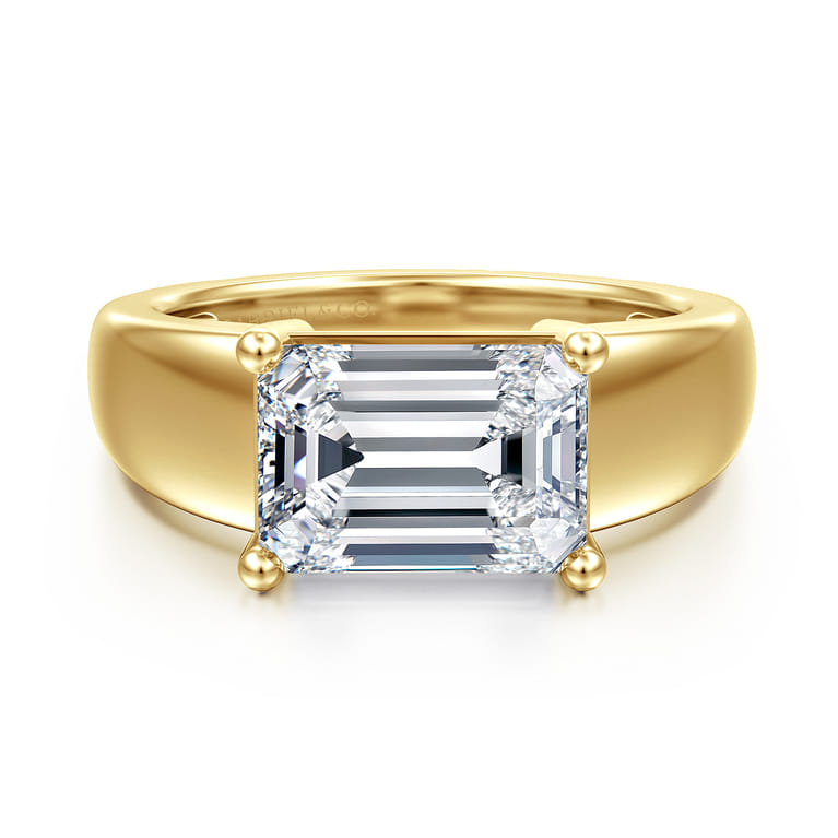 Novara - 14K Yellow Gold Emerald Cut East West Wide Band Solitaire Diamond Engagement Ring - Shot 1