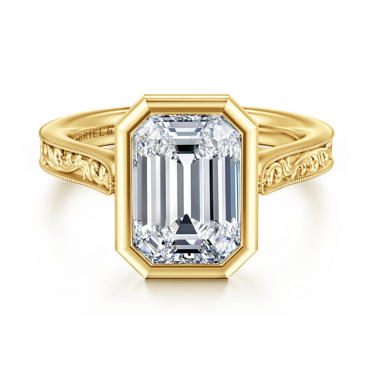 Barbados - Vintage Inspired 14K Yellow Gold Emerald Cut Solitaire Diamond Engagement Ring - Shot 1
