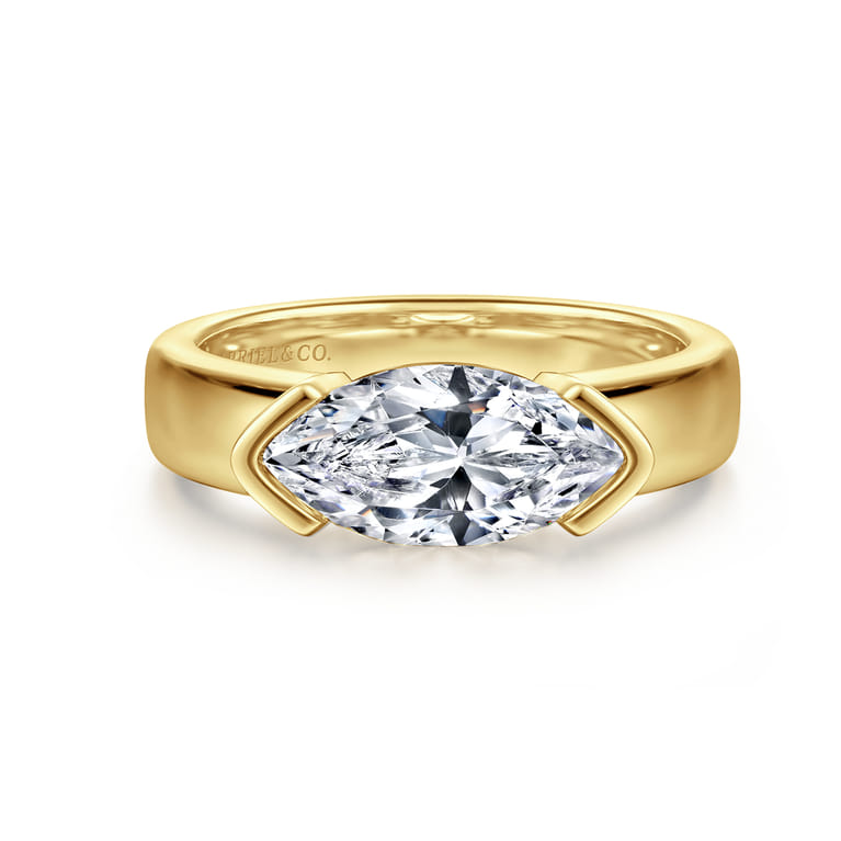 Bara - 14K Yellow Gold Half Bezel East West Marquise Shape Diamond Engagement Ring - Shot 1