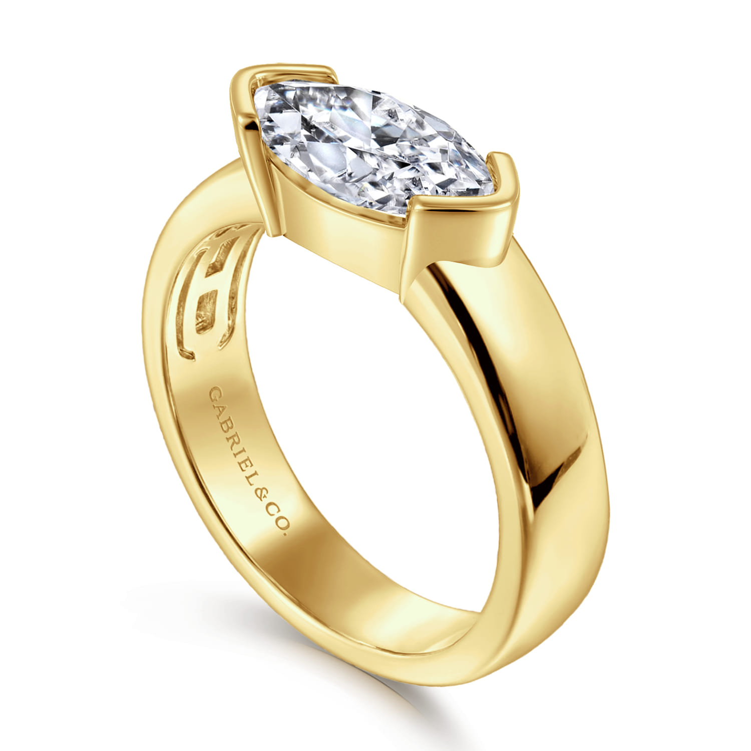 Bara - 14K Yellow Gold Half Bezel East West Marquise Shape Diamond Engagement Ring - Shot 3