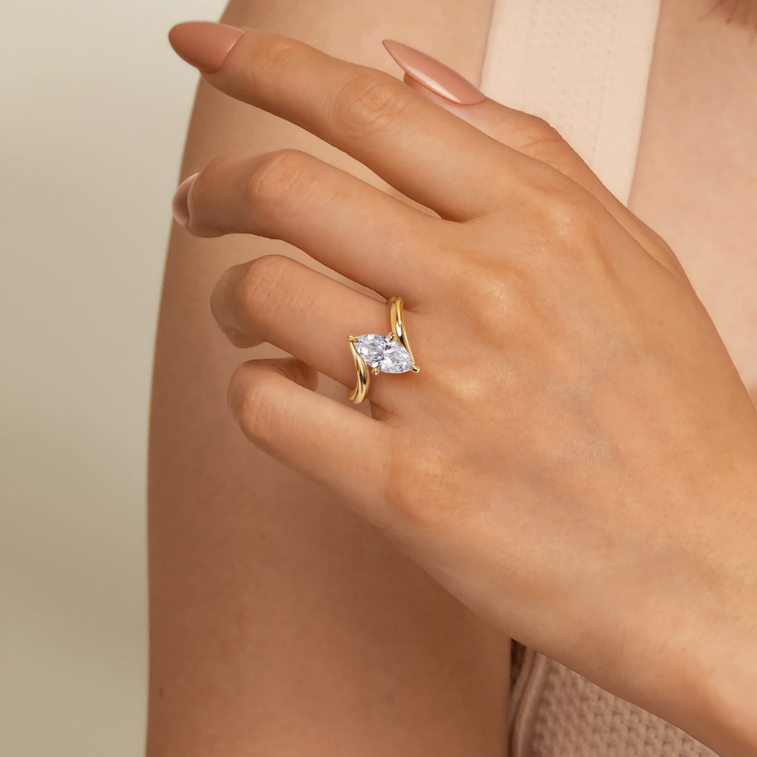 Rosette - 14K Yellow Gold Compass Prong Bypass Marquise Shape Engagement Ring - Shot 5