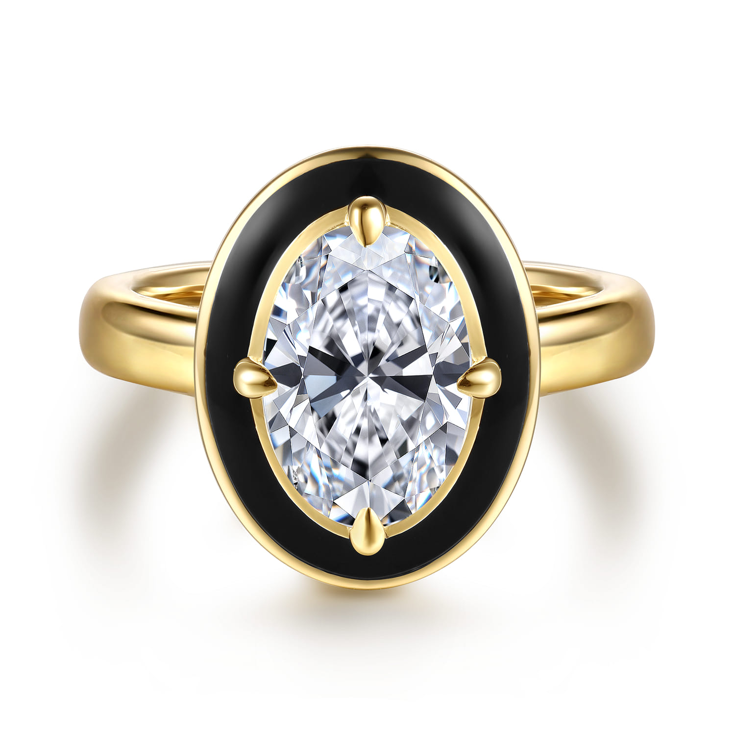 Eli - 14K Yellow Gold Compass Bezel Prong Enamel Black Oval Diamond Engagement Ring - 0.12 ct - Shot 1