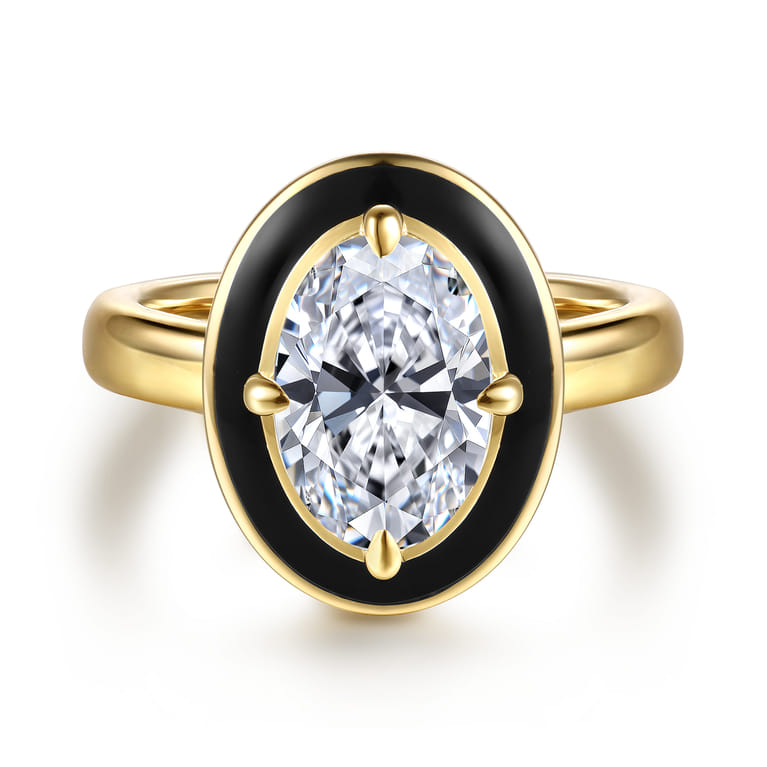 Eli - 14K Yellow Gold Compass Bezel Prong Enamel Black Oval Diamond Engagement Ring - 0.12 ct - Shot 1