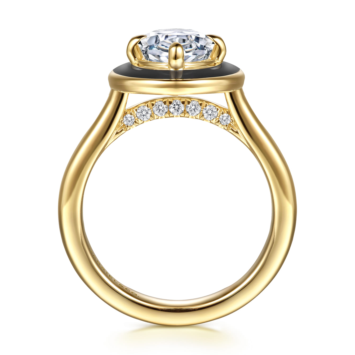 Eli - 14K Yellow Gold Compass Bezel Prong Enamel Black Oval Diamond Engagement Ring - 0.12 ct - Shot 2