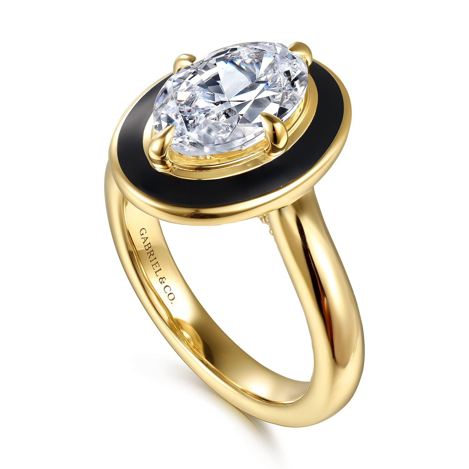 Eli - 14K Yellow Gold Compass Bezel Prong Enamel Black Oval Diamond Engagement Ring - 0.12 ct - Shot 3