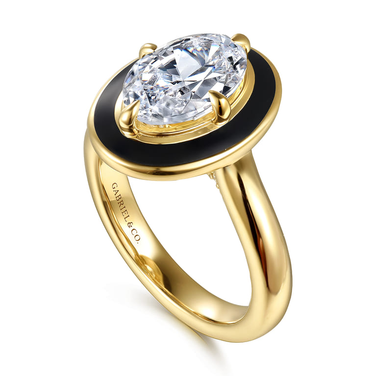 Eli - 14K Yellow Gold Compass Bezel Prong Enamel Black Oval Diamond Engagement Ring - 0.12 ct - Shot 3