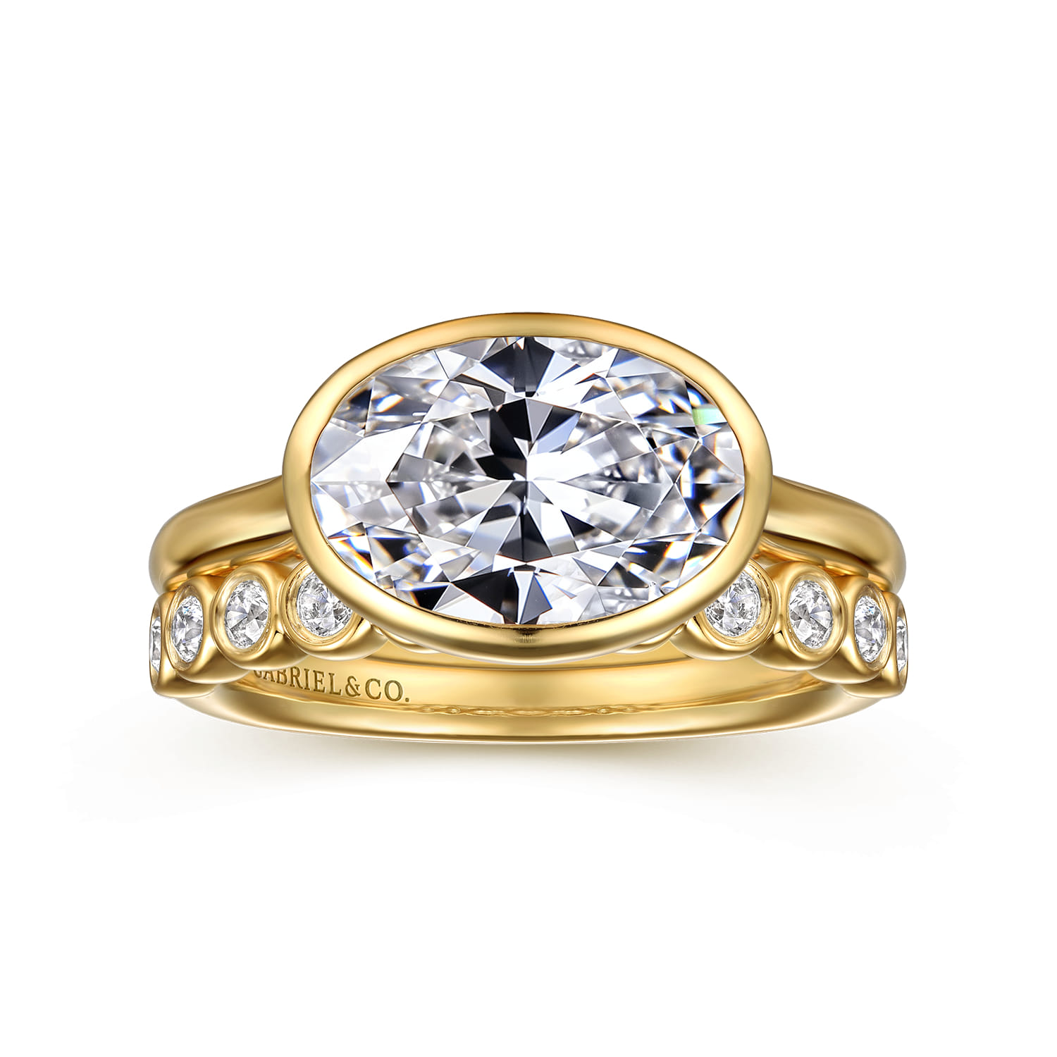 Irene - 14K Yellow Gold East West Bezel Set Oval Diamond Engagement Ring - Shot 4