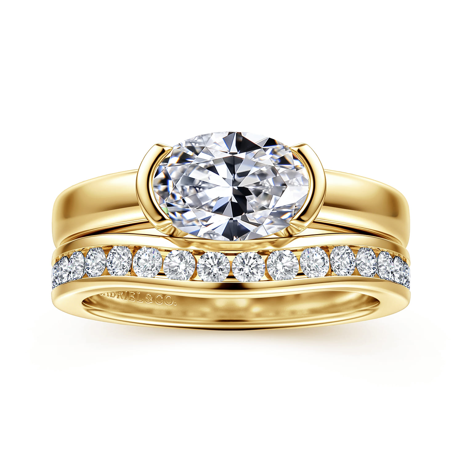 Bara - 14K Yellow Gold Half Bezel East West Oval Diamond Engagement Ring - Shot 4