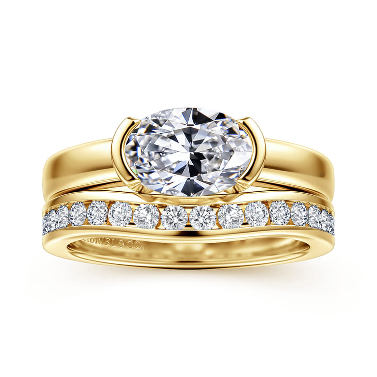 Bara - 14K Yellow Gold Half Bezel East West Oval Diamond Engagement Ring - Shot 4