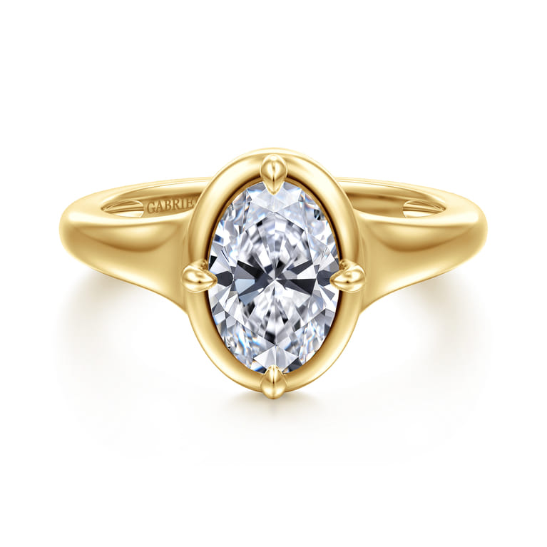 Elsa - 14K Yellow Gold Compass Bezel Prong Oval Solitaire Diamond Engagement Ring - Shot 1