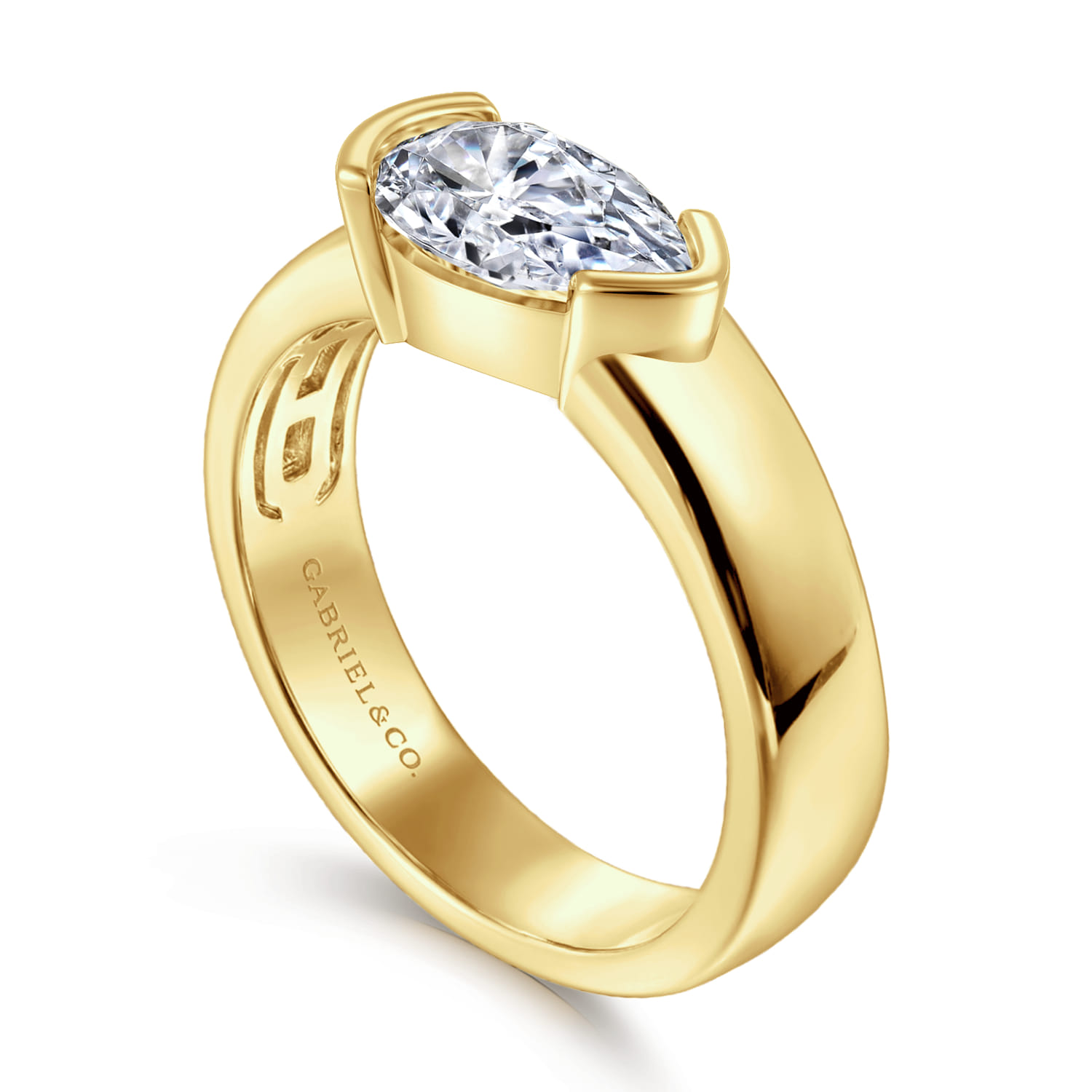 Bara - 14K Yellow Gold Half Bezel East West Pear Shape Diamond Engagement Ring - Shot 3